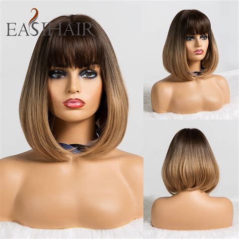 Brown Bob Wig Wavy Synthetic Wigs With Bangs Lace Front Bob Wigs