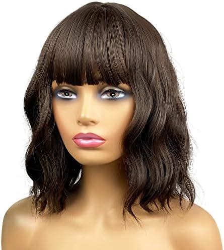 Brown Curly Wig Synthetic Shoulder Length Wigs With Bangs Shag Bob Wigs