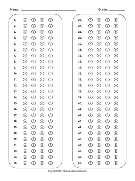 Bubble Answer Sheet 1 50 Doc