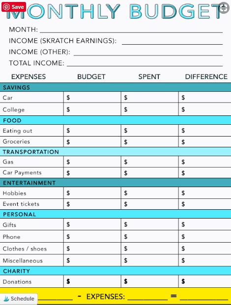 Budget Template For Teenager
