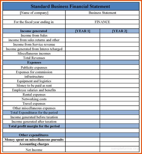 Business Financial Statement Template