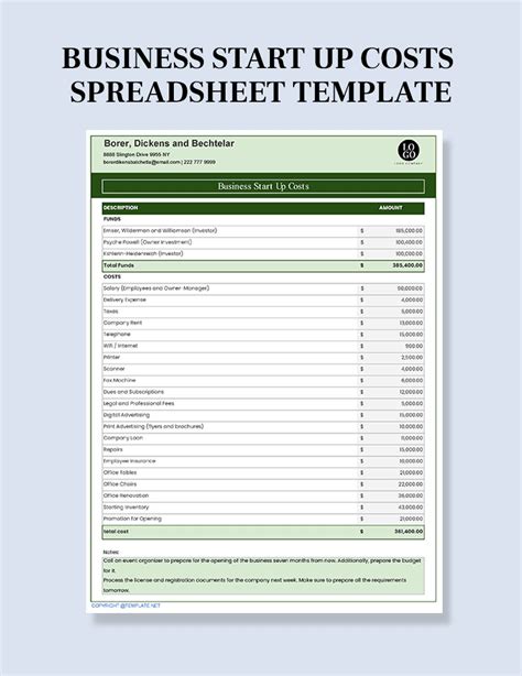 Business Start Up Costs Template