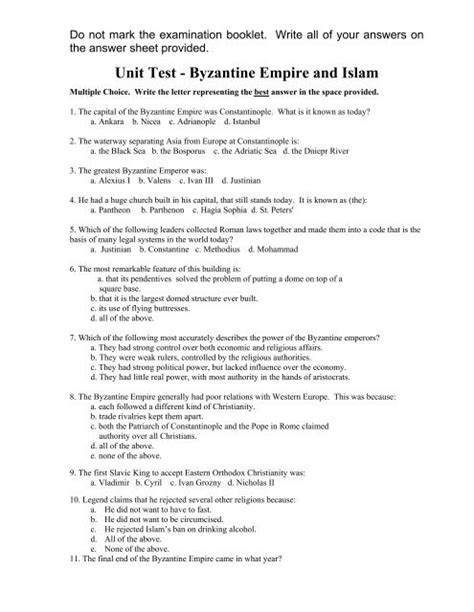 Byzantine Empire Unit Test Answers Doc