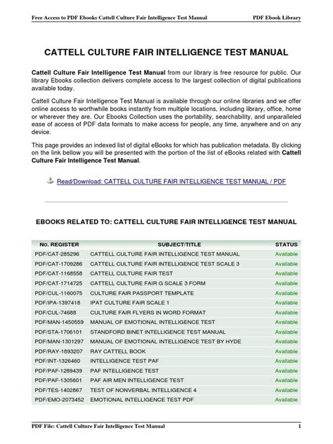 CATTELL CULTURE FAIR INTELLIGENCE TEST MANUAL Ebook Kindle Editon