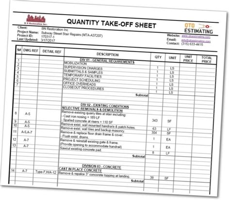 CONSTRUCTION MATERIAL TAKE OFF SHEET SAMPLE EXCEL Ebook Doc