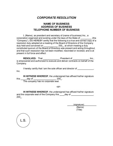 CORPORATE RESOLUTION TEMPLATE SIGNING AUTHORITY Ebook Doc