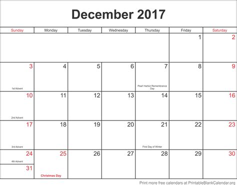 Calendar December 2017 Printable Free