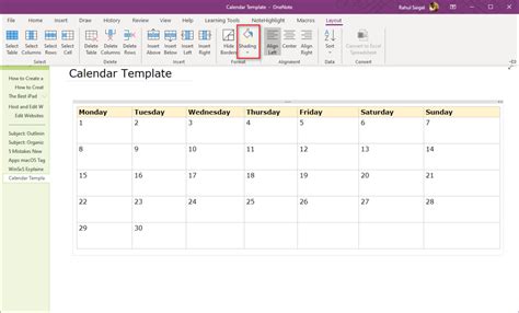 Calendar Onenote Template