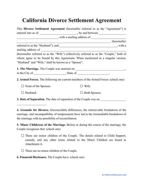 California Divorce Default With Agreement Template