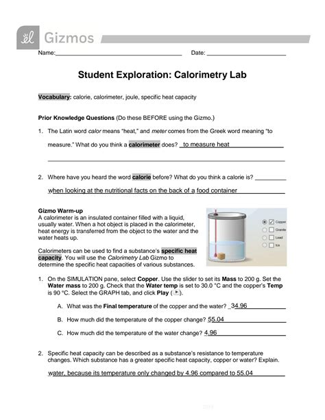 Calorimetry Gizmo Exploration Sheet Answer Key PDF