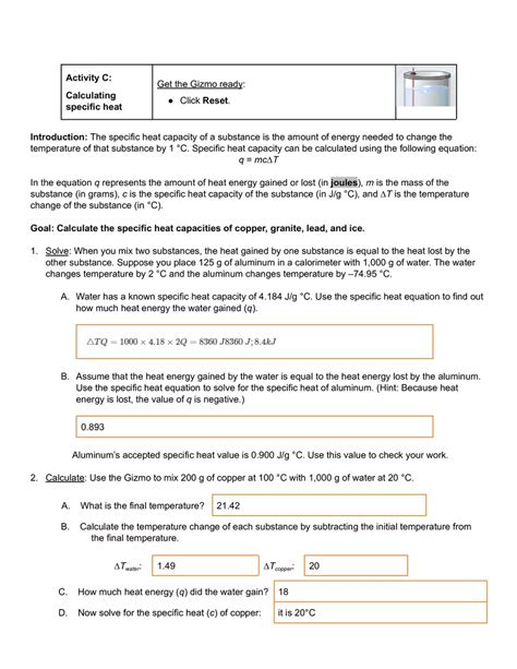 Calorimetry Lab Answers Explore Learning Doc