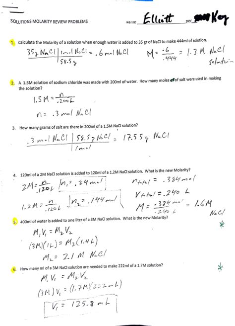 Calulating Molarity Packet Answers Doc