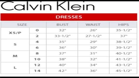 Calvin Klein Size Chart Dress