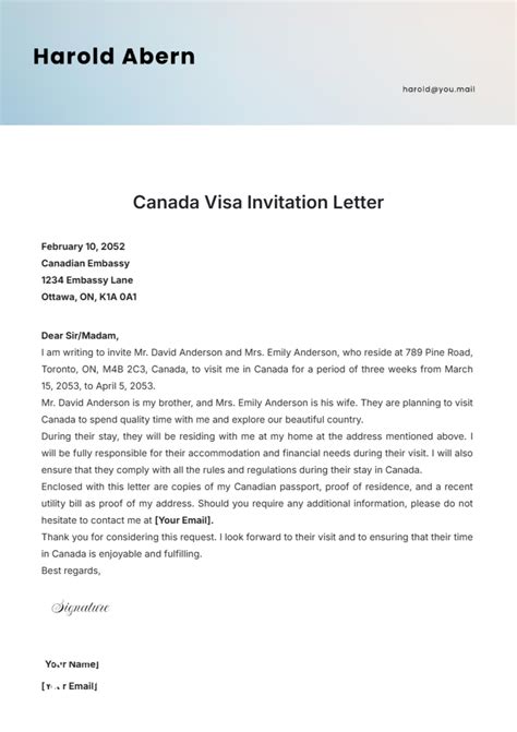 Canada Letter Of Invitation Template