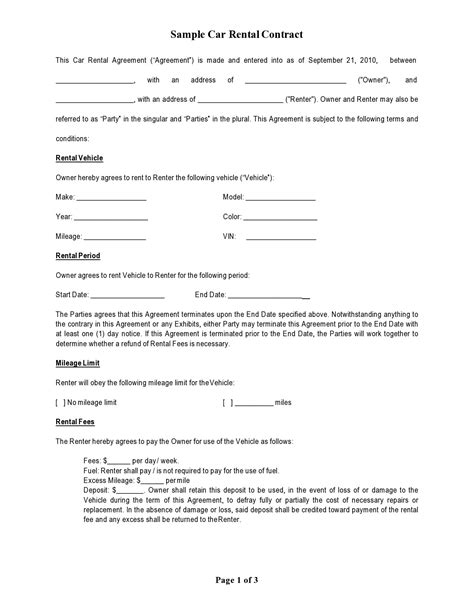 Car Rent Agreement Template