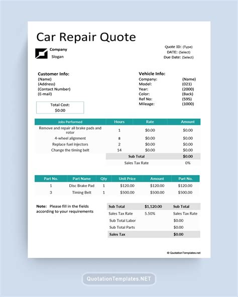 Car Repair Quote Template