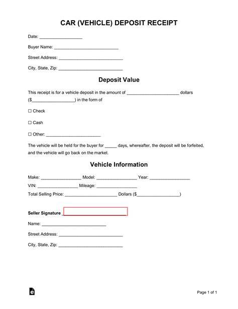Car Sale Deposit Receipt Template