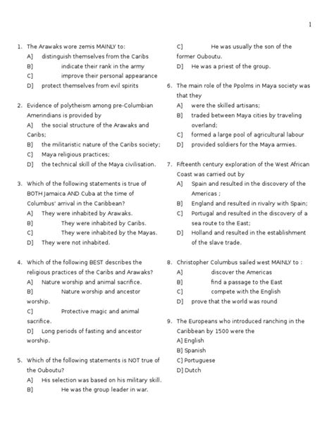 Caribbean History Multiple Choice Questions And Answers Reader