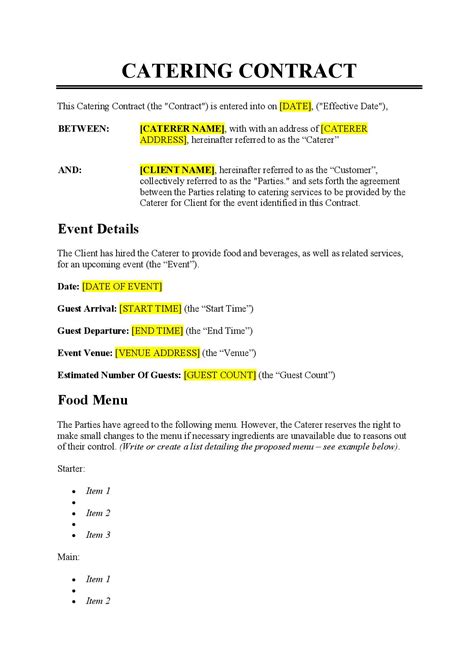 Catering Contract Template Free