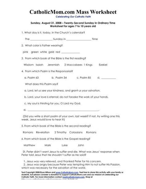 Catholicmom Com Mass Worksheet Answers Reader