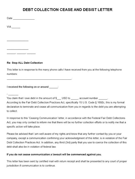 Cease And Desist Debt Collection Letter Template