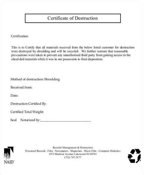 Certificate Of Destruction Template