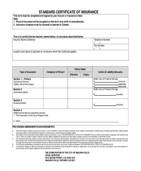 Certificate Of Insurance For Business Template