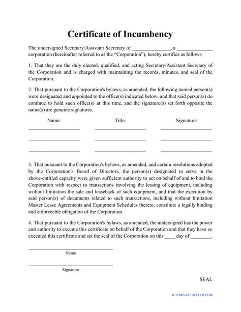 Certificate of Incumbency Template: A Guide to Ensuring Legal Recognition