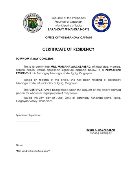 Certificate of Residence