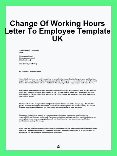 Change Of Working Hours Letter To Employee Template