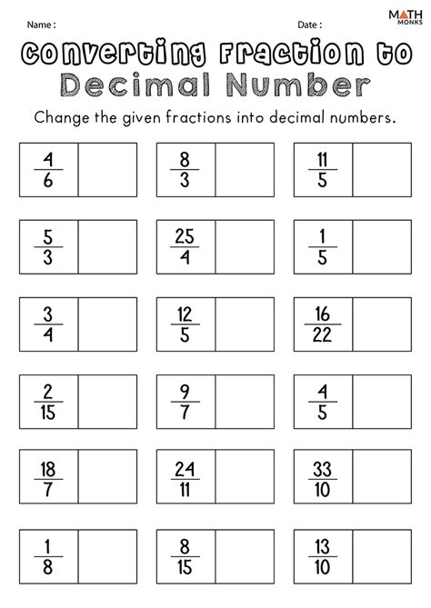 Changing Fractions into Decimals Worksheet