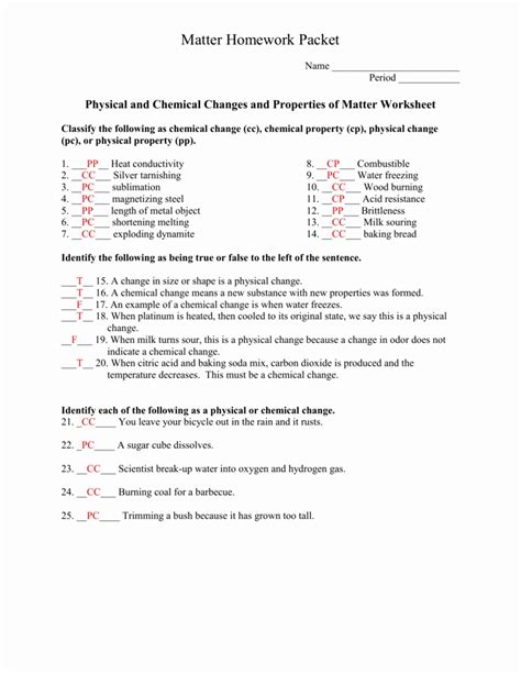 Chapter 1 Matter Change Worksheet Answers Reader