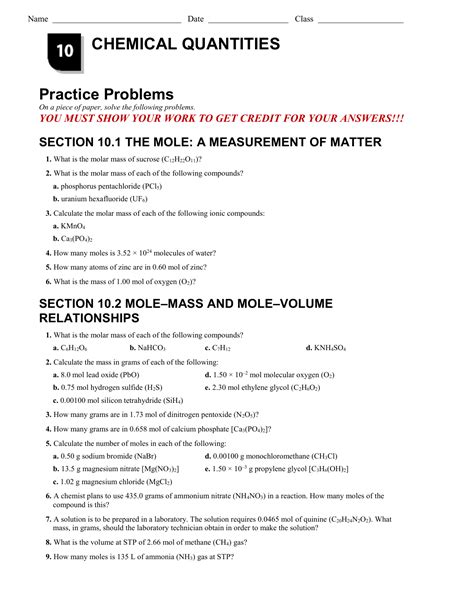 Chapter 10 Chemical Quantities Practice Problems Worksheet Answers PDF