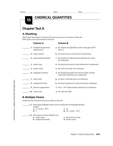 Chapter 10 Chemical Quantities Test A Answers Reader