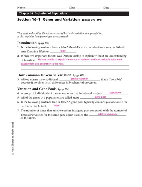 Chapter 16 Section 1 Genes And Variation Answer Key Reader