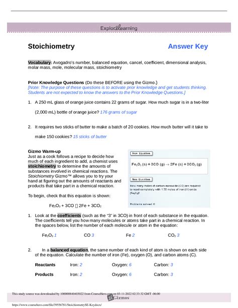 Chapter 3 Stoichiometry Answer Key Doc