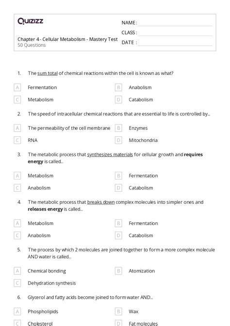 Chapter 4 Cellular Metabolism Mastery Test Answers Reader