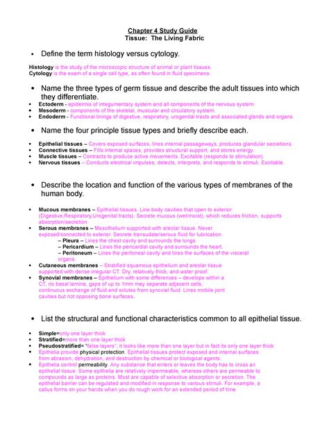 Chapter 4 Tissue The Living Fabric Study Guide Answer Key Reader