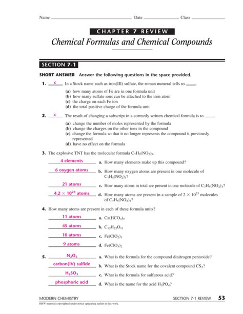 Chapter 7 Review Chemical Formulas And Compounds Answer Key Doc