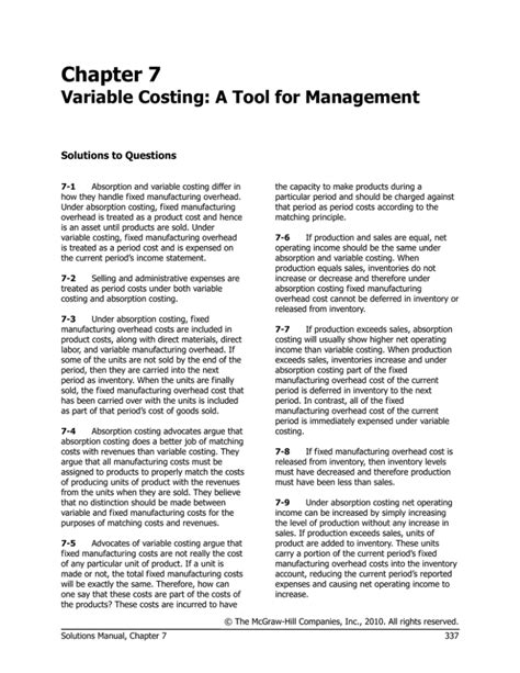 Chapter 7 Variable Costing A Tool For Management Solutions To Epub