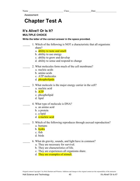 Chapter 8 Test Answers Holt Science Technology Life PDF