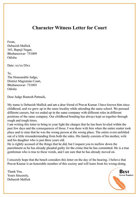 Character Witness Letter Template For Court