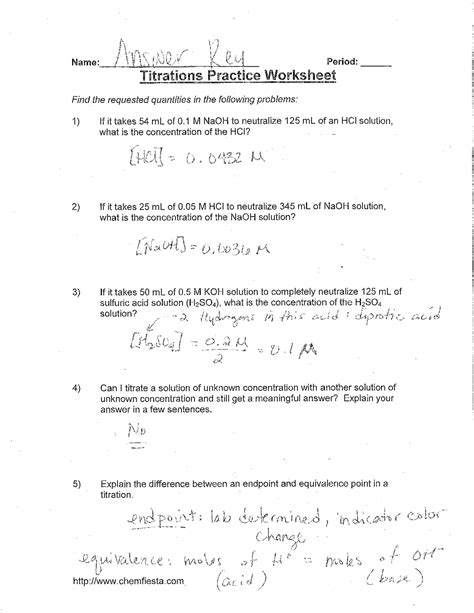 Chemfiesta Titrations Practice Worksheet Answers PDF