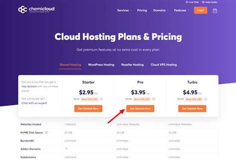Comparison table of ChemiCloud web hosting, WordPress hosting, and reseller hosting plans