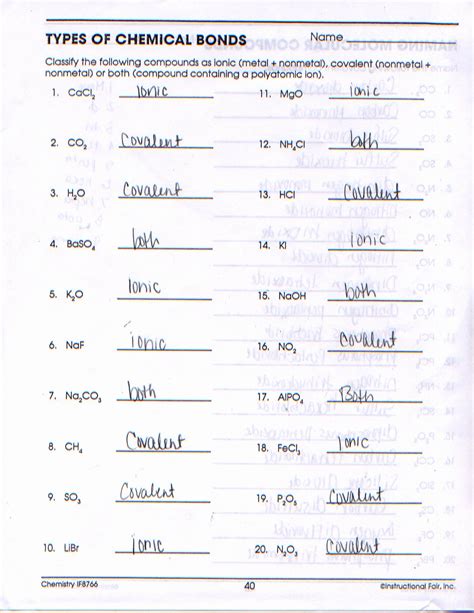 Chemical Bonds Quiz Answer Sheet PDF