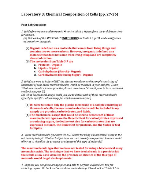 Chemical Composition Of Cells Lab Report Answers Reader