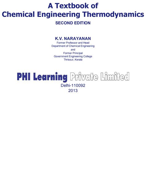 Chemical Engineering Thermodynamics K V Narayanan Solution Kindle Editon