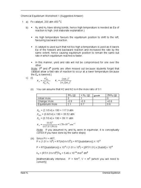 Chemical Equilibrium Worksheet 1 Answers PDF