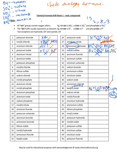 Chemical Formula Drill Sheet 1 Answers Doc