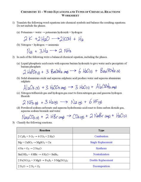 Chemical Reaction Word Problems Answers PDF